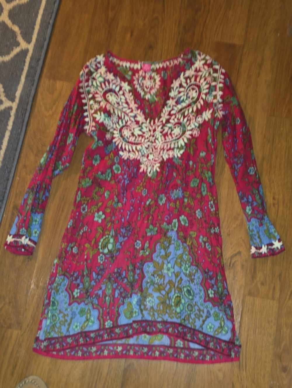 Raj Fuchsia Floral Embroidered V-Neck Tunic